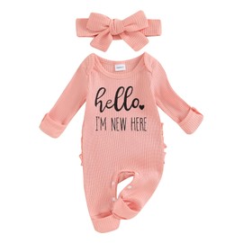 BULINGNA Newborn Baby Girl Coming Home Outfit Hello I'm New Here Ribbed Footie Romper Jumpsuit with Headband Fall Clothes (Pink, Newborn)
