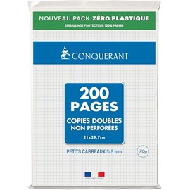 Conqueror A4 Single Sheets Perforated 90gsm 200 pages Unpunched Copy 5x5 Copies Doubles non perforées Conquérant - 200 pages A4 70g - Petits carreaux 5x5 - Perforation 9 trous - Fabriqué en Normandie, France
