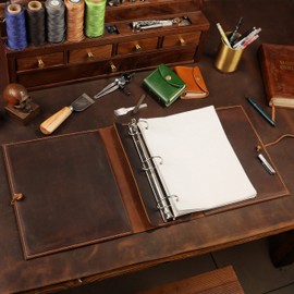 leather 2 inch 3 ring presentation binder portfolio organizer, vintage leather notepad document folder hard cover letter size