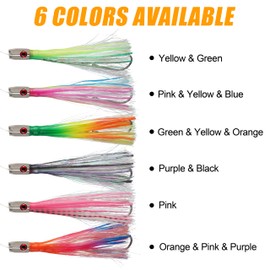 Trolling Lures Saltwater Fishing Lures, 6pcs Offshore Big Game Trolling Lures Jet Head Trolling Skirted Lures for Wahoo Tuna Marlin Mahi Deep Sea Fishing Lures Squid Skirts Rigged Hooks 9inch