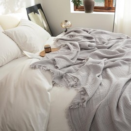 FOSSA 4-Layer Muslin Blanket -100% Cotton Super Soft & Breathable Throw with Tassels -Lightweight Decorative Cooling Gauze Blanket for Bed, Sofa, Office -Twin XL Size 90" x 66" (Grayish)