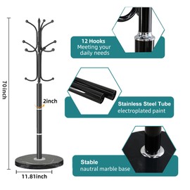 OIRUMIE Modern Coat Rack with Natural Marble Base, Metal Coat Rack Freestanding, Heavy Duty Coat Rack Stand, Coat Hall Tree Hats Hanger for Entryway, Hallway (Black 12 Hooks)