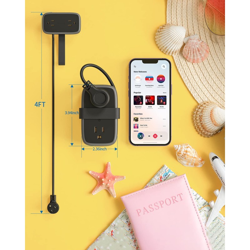 Travel Power Bar with USB C Port, NTONPOWER Flat Plug