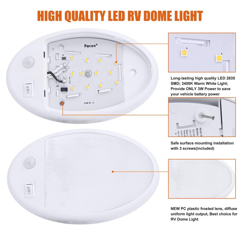 Facon 12V Single Dome RV Pancake Light with On&Off Switch,