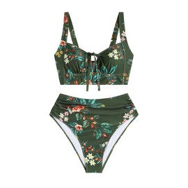 ZAFUL Green Flowers Bathing Suits for Women Lace Up Push up 2 Piece Bathing Suits for Women Over 50 Green Flowers L
