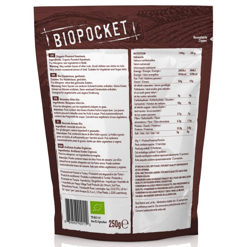 Biopocket Organic Roasted Hazelnuts, 2 x 250 g