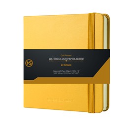 Watercolour Sketchbook Premium 300gsm /140lb 100% Cotton Paper 24 Sheets Off-White Cold-Pressed Sewn Binding 4.7" X 4.7" Album for Artists & Beginners Wet Media and Mixed Techniques-Leatherette Ochre