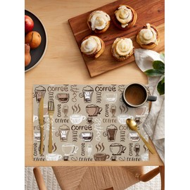 Coffee Theme Placemats Set of 6, Coffee Cup Bean Vintage Sketch Beige Placemats for Dining Table Place Mats for Kitchen Table Waterproof Table Mats, Wipeable Dining Table Set