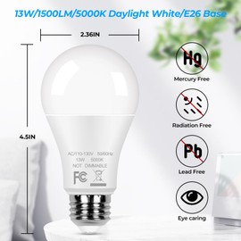 24-Pack A19 LED Light Bulbs, 13W 5000K Daylight White Bulbs, 100W Equivalent 1500 LM Super Bright LED Bulbs with E26 Base, CRI85+ No Flicker Non-Dimmable Lightbulb for Bedroom, Living Room Lighting