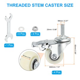 PATIKIL 1.5 Inch Stem Caster Wheels with Brake, 4 Pack Low Profile Nylon Threaded Shelf Swivel Wheel M8 x 25 mm Total Load 397 Lbs for Cart Wire Shelving Racks Leveling, White