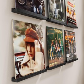 Emfogoo 6 Pack Vinyl Shelf Wall Mount, 12 Inch Wood Vinyl Record Holder Wall, Vinyl Record Storage Shelves for Album LP, Record Display for Living Room Home Office (Black)