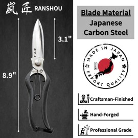 RANSHOU Leaf Trimming Scissors Handheld Hedge Shears 9", Professional One-Handed Hedge Clippers for Trimming of Hedges and Trees, Japanese Carbon Steel Blade, Spring Loaded Handle, Made in Japan