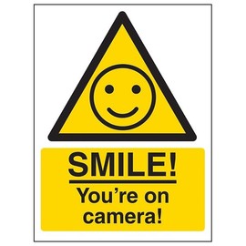 V Safety Warning - SMILE! You're On Camera! 100 x 150 mm - 2mm Super-Tough Rigid Plastic Safety Sign