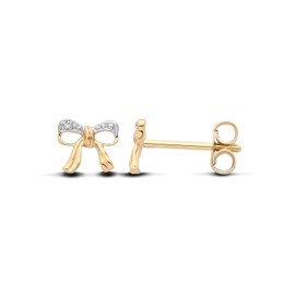Old English Jewellers 9ct Yellow Gold on Sterling Silver 925 Natural Diamond Ribbon Bow Ladies Girls Stud Earrings -Womens Silver Stud Earrings- Real Diamond