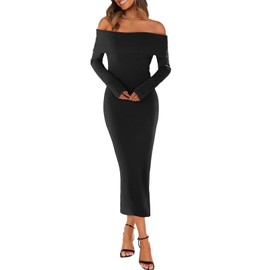 MEROKEETY Women's Fall Off Shoulder Bodycon Sweater Dress Formal Long Sleeve Elegant Club Party Midi Maxi Dresses, Black, Large