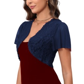 Enjyam Women's Bolero Festive Elegant Lace Bolero Jacket Short Sleeve Jacket Lightweight Shoulder Jacket for Dresses, navy blue