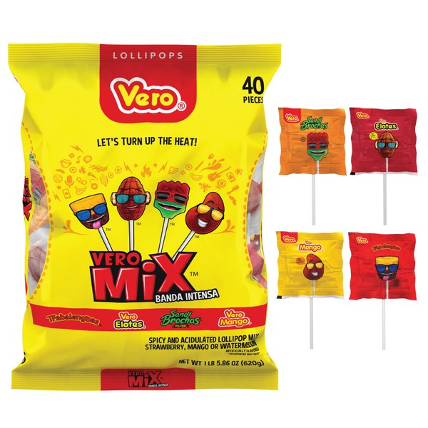 Vero Banda Fuego Mix Assorted Chili Lollipops, Artificially Flavored, Net Wt. 21.86 Ounces, 40 Count Bag