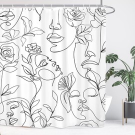 Yookeb Abstract Women Face Bathroom Shower Curtain 60W by 71H Inch Minimalist Modern Line Art Black White Rose Contemporary Polyester Fabric 12 Plastic Hooks Waterproof Decor