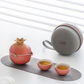 Pomegranate Shape Travel Teapot, Portable Ceramic Tea Set, 1 Pot 3 Mini Cups, Tea Set for One to Three, Tea Gift for Tea Lovers