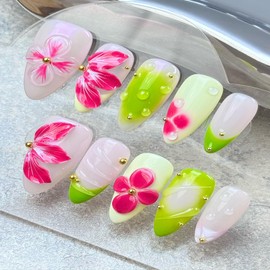 100% Handmade Press on Nails Medium Almond Handmade Nails with Hot Pink Flower Charm Design Summer False Nails Glossy Green French Nail Press ons Reusable Gold Pearl Fake Nails for Women Size M 10Pcs