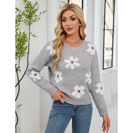 Libsorge Womens Oversized Cute Flower Sweaters for Women Fall Winter Spring 2025 Trendy Outfits Ladies Dressy Casual Cozy Soft Fuzzy Knit Crew Neck Long Sleeve Pullover Sweater Top Heather Grey M