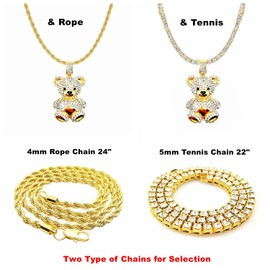 Mens Hip Hop Iced Out Chain Necklaces Silver Gold Monkey | Bear | Lion Pendant Chains Bling Rapper Jewelry (Gold Bear, Tennis Chain)