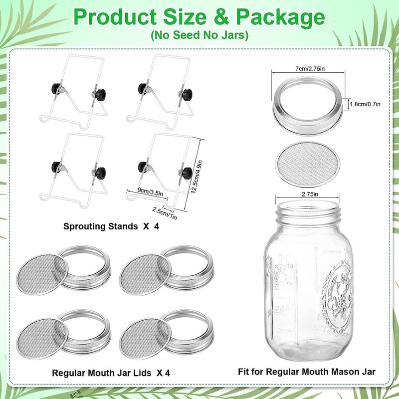 Nudiuhis Germination Kit, Stainless Steel Germination Jar Lid, Stand for