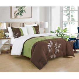 Chezmoi Collection Simon 7-Piece Bamboo Embroidered Bed in a Bag Comforter Set Queen Size - Sage Green Brown Ivory Bamboo Grass Microfiber Comforter Bedding with Sheet Set