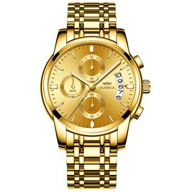 DREAMING Q&P Gold Plating Men's Analog Quartz Mutifunctional Watches for Man Stainless Steel Strap Gold Face Wristwatch