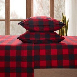 Flannel Sheets Warm and Cozy Deep Pocket Breathable All Season Bedding Set with Fitted, Flat and Pillowcases, King, Buffalo Check Plaid Burgundy