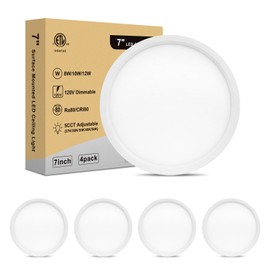 Wembanma Flush Mount LED Ceiling Light - Ultra Slim 0.67in, 7 Inch Round Flat Ceiling Lamps Dimmable, 2700K/3000K/3500K/4000K/5000K Selectable LED Lights for Bathroom, Basement, 7 Inch 4Pack White