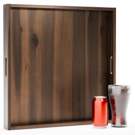 20 Inch Acacia Wood Square Ottoman Tray - Wooden Square Serving Tray with Handles - Extra Large Food Serving Trays for Decorative, Coffee Table, Breakfast in Beds (Walnut, 20 x 20 Inch)