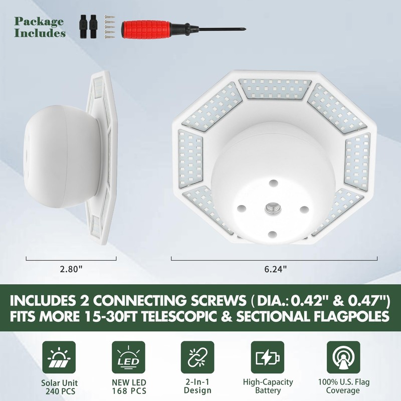 Compact Solar Flag Pole Light, 168 LED, 1400 Lumen Brightness,