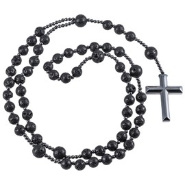 Nupuyai Hematite Stone Cross Pendant Rosary Beads Chain for Men and Women, Gemstone Prayer Chain, Catholic Cross Necklace, Crystal Healing Stone Meditation Reiki Jewellery, lava stone Hematite, Lava