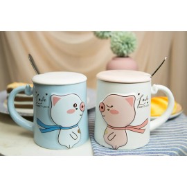 Ebros Pack Of 2 Valentines Love Pigs Blue And White Coffee Mugs With Lid & Spoon