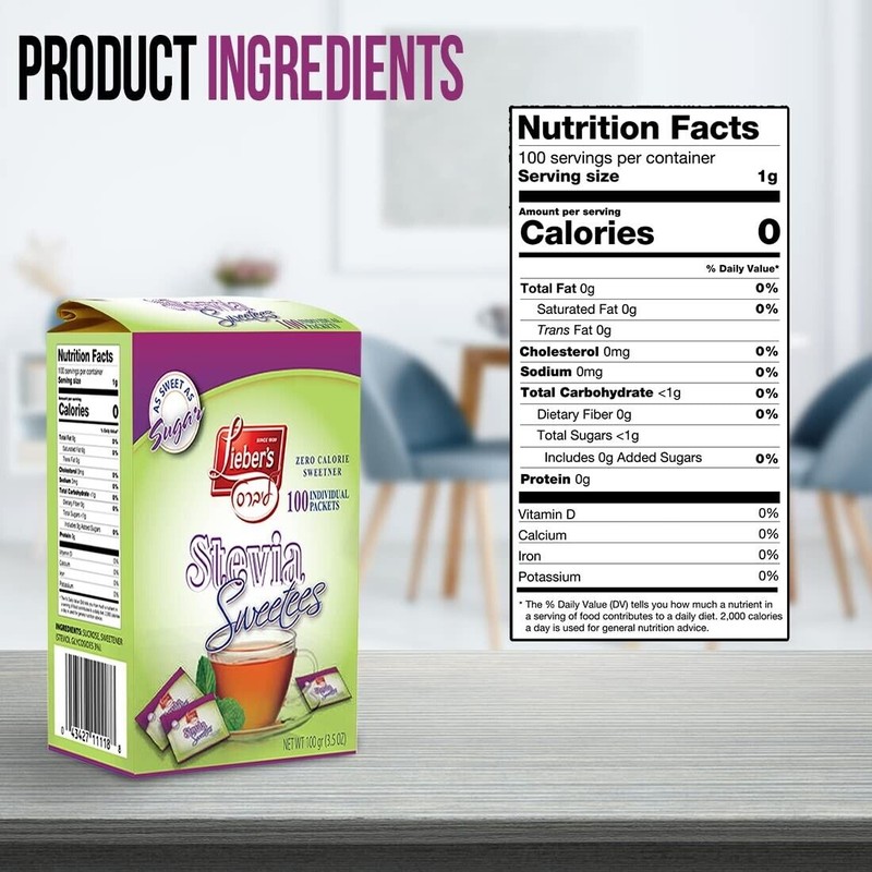Lieber’s Stevia Packets Zero Calorie Sweetener, Kosher For Passover, 100