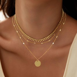 Cuzmly Layered Gold Necklaces for Women, 14k Gold Plated Stackable Choker Necklaces for Women Trendy Layering Circle Pendant Chain Necklace Set Jewelry Gifts for Women
