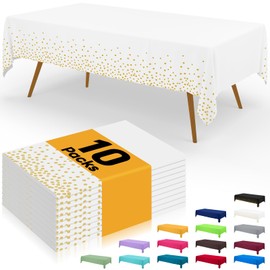 Smiry Disposable Table Cloth - 10 Pack, 54 x 108 Inch Waterproof Rectangle Tablecloths for Parties, Decorative Plastic Table Cover, Leakproof & Sturdy, White & Gold