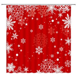 FILMILIL Red Merry Christmas Shower Curtain Winter Snowflake Snow Xmas Star New Year Holiday Romantic Festive Vacation Ornament Bathroom Curtain Set Polyester Fabric Hooks 70 X 70 Inch