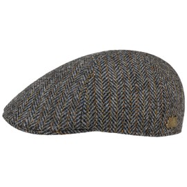 Stetson Texas Harris Tweed Flat Cap - Hat - Classic Peaked Cap - Herringbone Pattern - Handmade - Men - Autumn/Winter, black / grey, 58