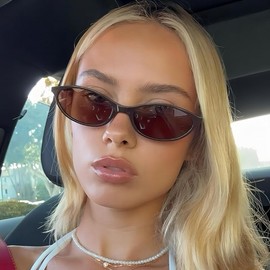 Retro Oval 90s Trendy Small Frame Cat Eye Skinny Sunglasses for Women Cool Y2k Girl, Brown Frame/Brown Lens