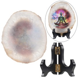 KYEYGWO 7 Chakra Agate Discs Ornament with Wooden Stand, Irregular Agate Slices Gemstone Reiki Healing Stone Feng Shui Decoration for Meditation, Amulet, Chakra Balance