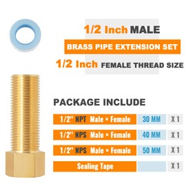 SUNGATOR 1/2" Male × 1/2'' Female Brass Pipe Extension Adapter, 1/2 Inch Brass Nipple Pipe Extension Fittings for Tub Spout/Shower, 30MM/40MM/50MM Extension 1/2'' Pipe Fittings (3 Pack)
