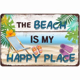 The Beach Is My Happy Place Metal Tin Sign Vintage Home Wall Decor Signs Rustic Rooms Decor for Bathroom Bedroom Living Room Beach Hut 8x12 Inch