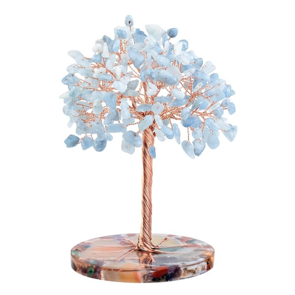 Nupuyai Aquamarine Crystal Stone Money Tree Wrapped on Round Orgone Agate Slices Base, Tree of Life Crystal Bonsai Feng Shui Figurine Decor for Wealth and Luck 4.7-5.5 Inches