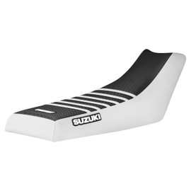 Enjoy Mfg Seat Cover - Compatible Fit for Suzuki 1985-1988 LT230S 1987-1993 LT230E Quadrunner #216 Logo (White Sides/Black top/White Ribs)