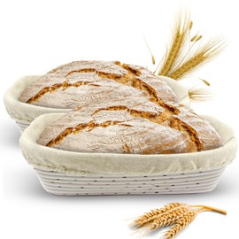 Banneton Bread Proofing Basket Sourdough Proofing for Beginners & Professional Bakers, Handwoven Rattan Cane Bread Maker w/Linen for Artisan Breads, 12.25 x 6 x 3.5 Inch, 2-Lb Rectangular - Set of 2