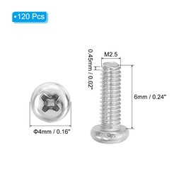 PATIKIL Phillips Pan Head Screws, 120 Pack M2.5-0.45 x 6mm 304 Stainless Steel 18-8 Full Thread, Pan Head Machine Phillips Drive Screw