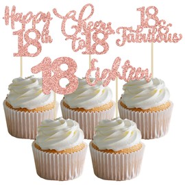 Paquete de 30 adornos para magdalenas de 18 cumpleaños, oro rosa con purpurina, dieciocho saludos a 18 años de edad, cumpleaños, para decoración de pasteles de feliz 18 cumpleaños