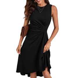 Happy Sailed Midi Dresses for Women 2024 Trendy Summer Sleeveless Crew Neck High Waist Pleated Ruched Waist Wedding Guest Cocktail Party Dress Black Medium